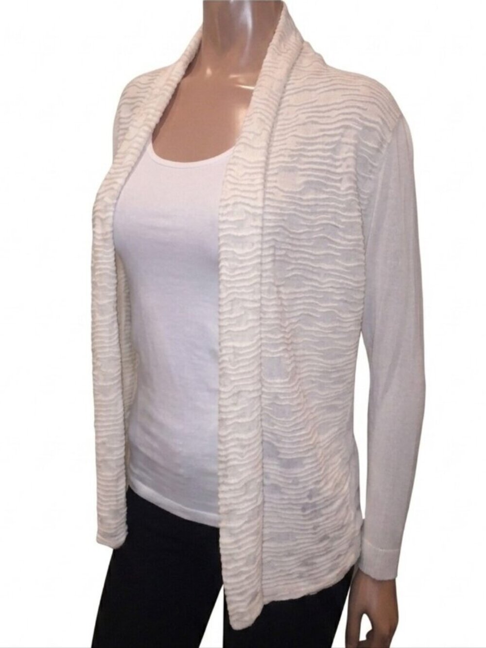 Lafayette 148 Silk Cardigan Womens Petite Small Cream Open Textured Long Sleeve